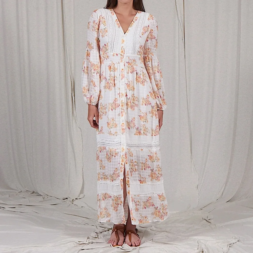 Lace and Floral Print Button Front Maxi - Picture 4 of 14
